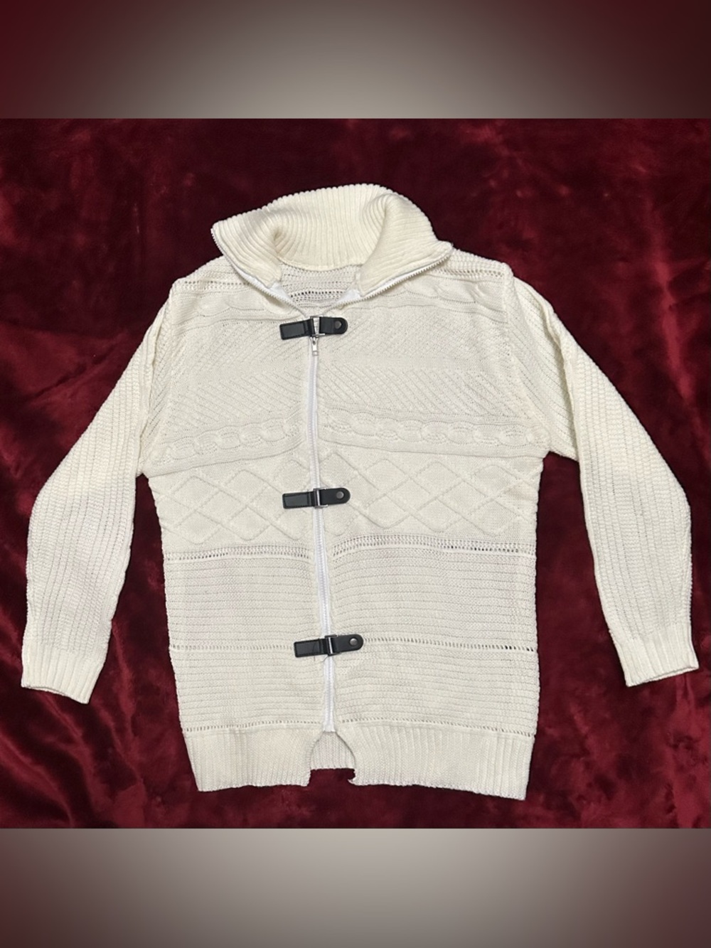Ivory Cable Knit Zip Cardigan with Toggle Accents